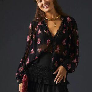 Anthropologie Black and Pink Floral Blouse